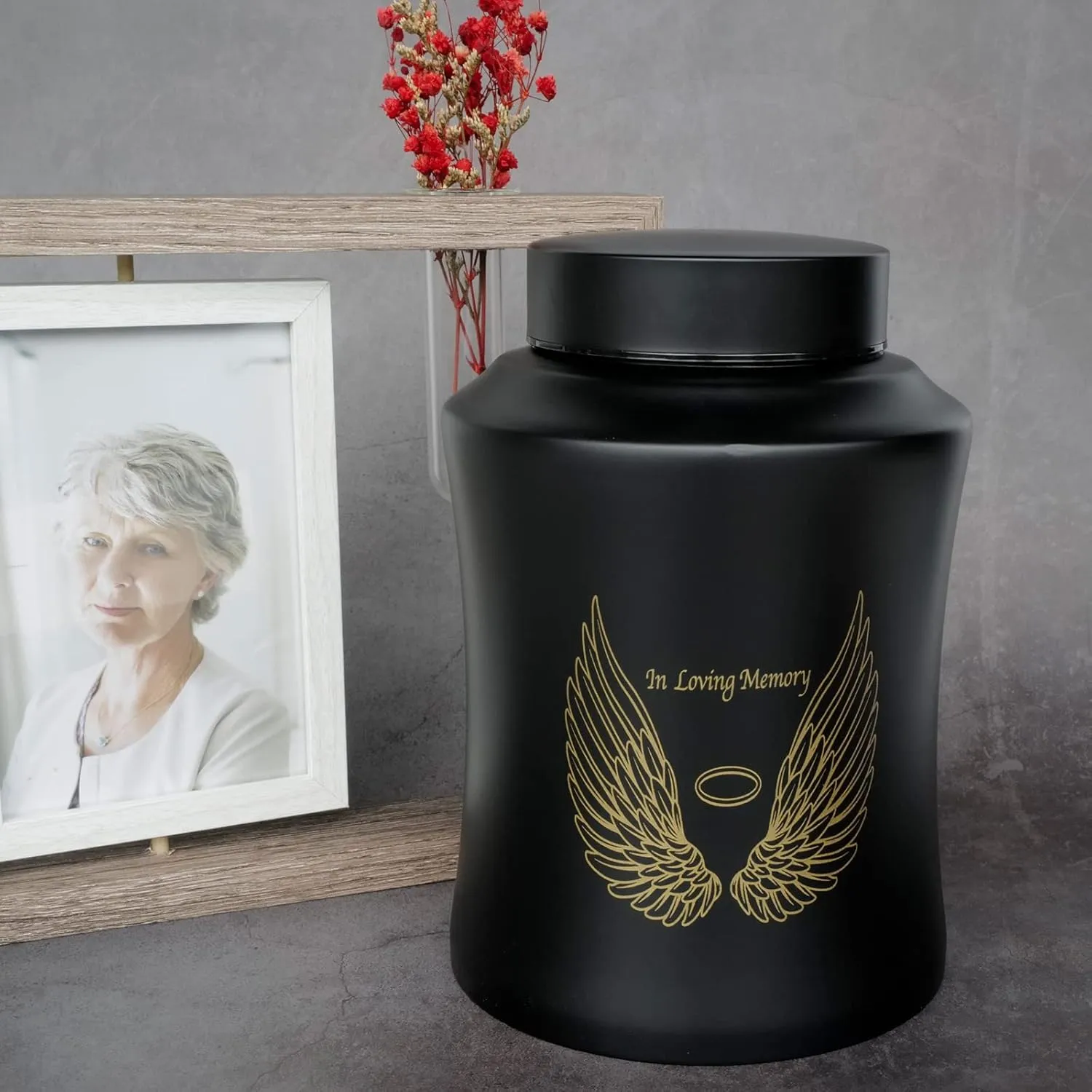 Up to 160 lbs Large Cremation Urns for Adult Human Ashes, Angel Wings in Loving Memory Decorative Funeral Burial Urn for Male Female Ashes with Velvet Bag(Black)