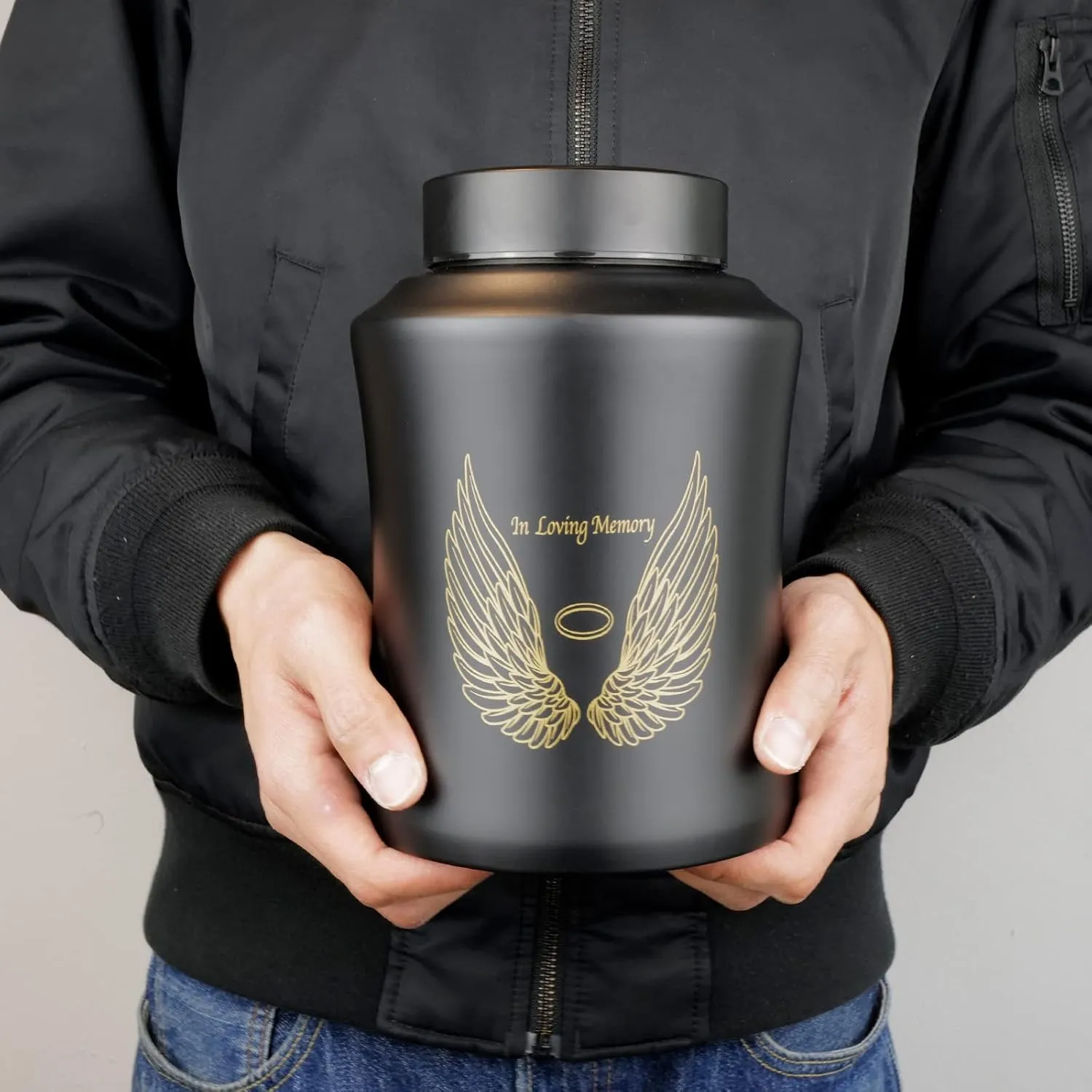 Up to 160 lbs Large Cremation Urns for Adult Human Ashes, Angel Wings in Loving Memory Decorative Funeral Burial Urn for Male Female Ashes with Velvet Bag(Black)