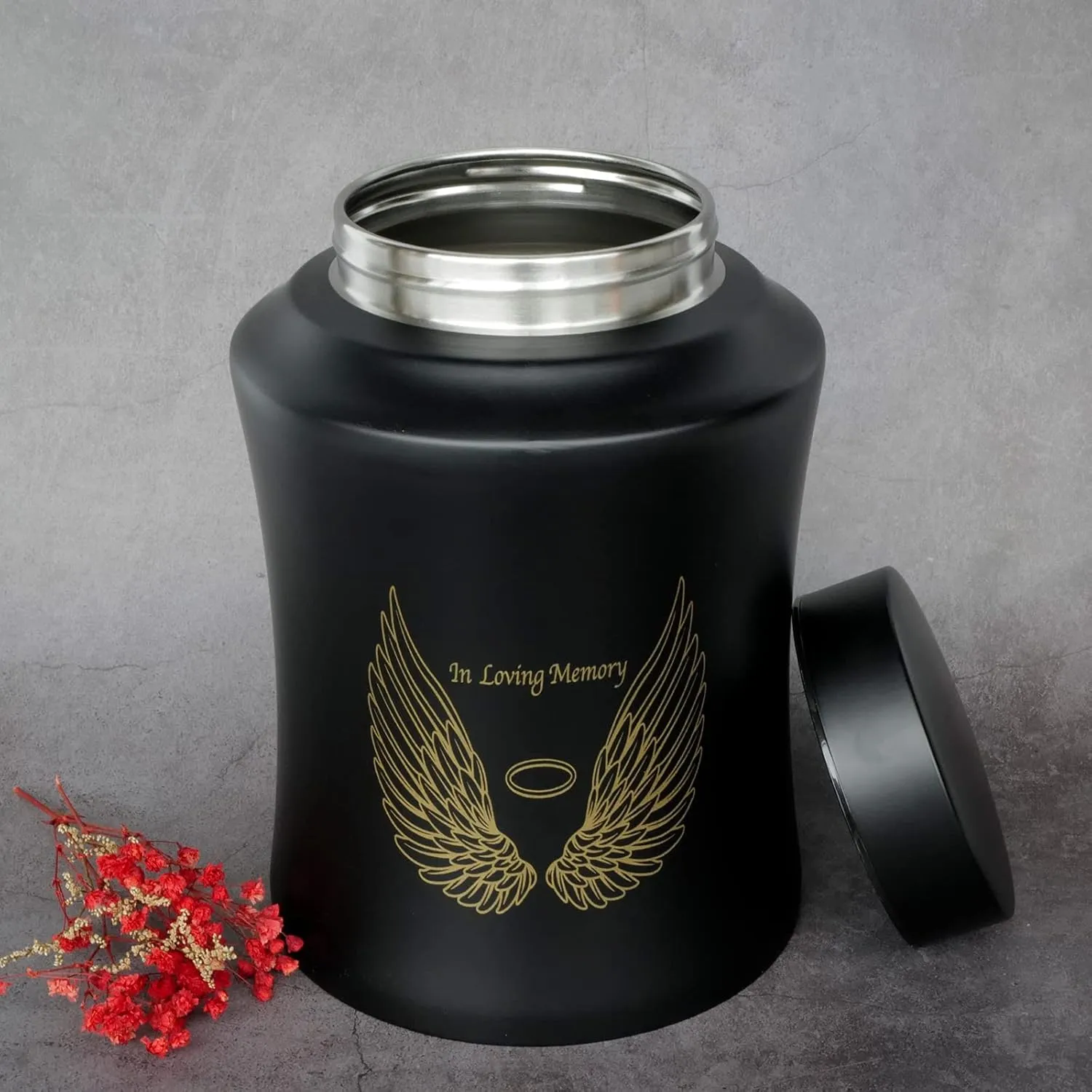 Up to 160 lbs Large Cremation Urns for Adult Human Ashes, Angel Wings in Loving Memory Decorative Funeral Burial Urn for Male Female Ashes with Velvet Bag(Black)
