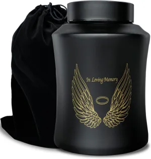 Up to 160 lbs Large Cremation Urns for Adult Human Ashes, Angel Wings in Loving Memory Decorative Funeral Burial Urn for Male Female Ashes with Velvet Bag(Black)