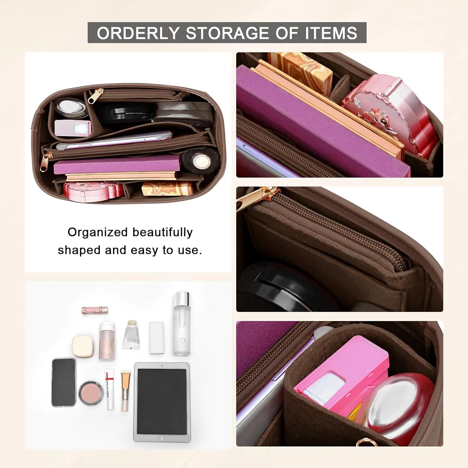 Upgraded Felt Purse Organizer Insert with Zipper Bag for Speedy 25 Neverful PM (Brown, Medium)