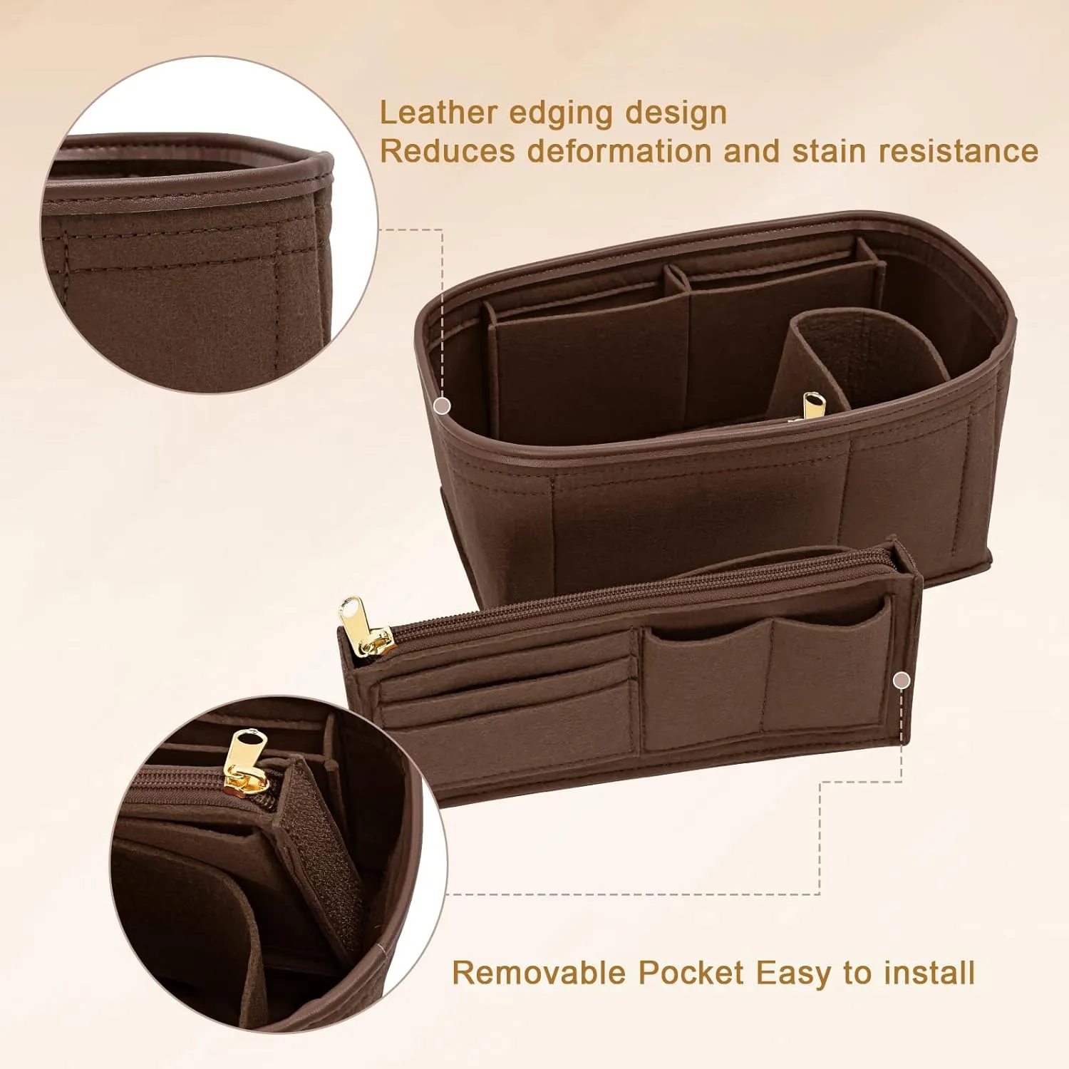 Upgraded Felt Purse Organizer Insert with Zipper Bag for Speedy 25 Neverful PM (Brown, Medium)