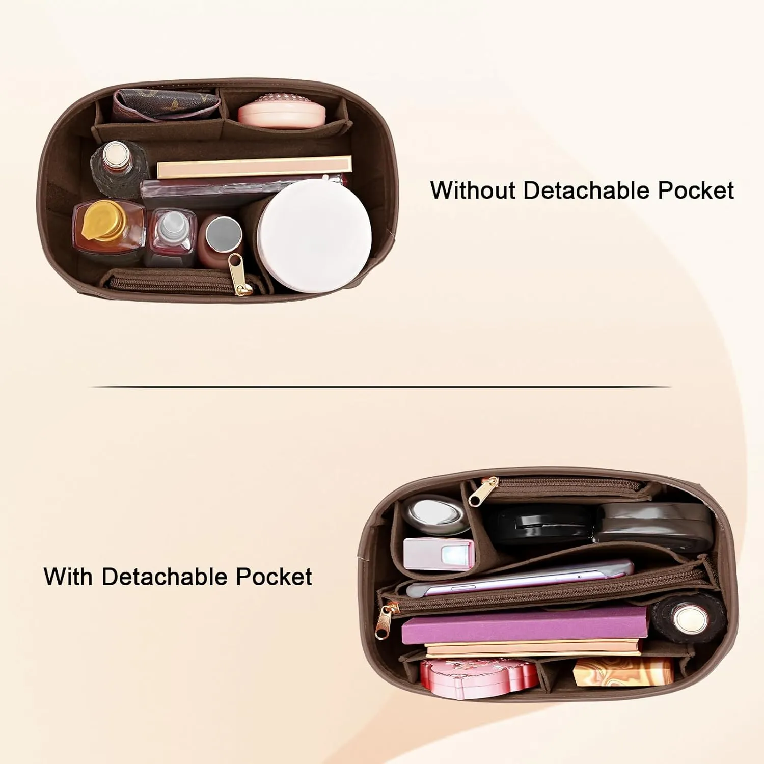 Upgraded Felt Purse Organizer Insert with Zipper Bag for Speedy 25 Neverful PM (Brown, Medium)