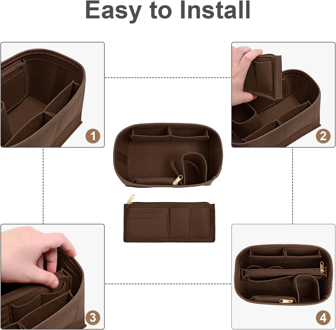Upgraded Felt Purse Organizer Insert with Zipper Bag for Speedy 25 Neverful PM (Brown, Medium)