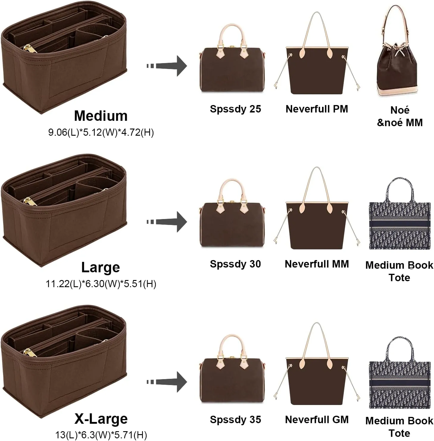 Upgraded Felt Purse Organizer Insert with Zipper Bag for Speedy 25 Neverful PM (Brown, Medium)