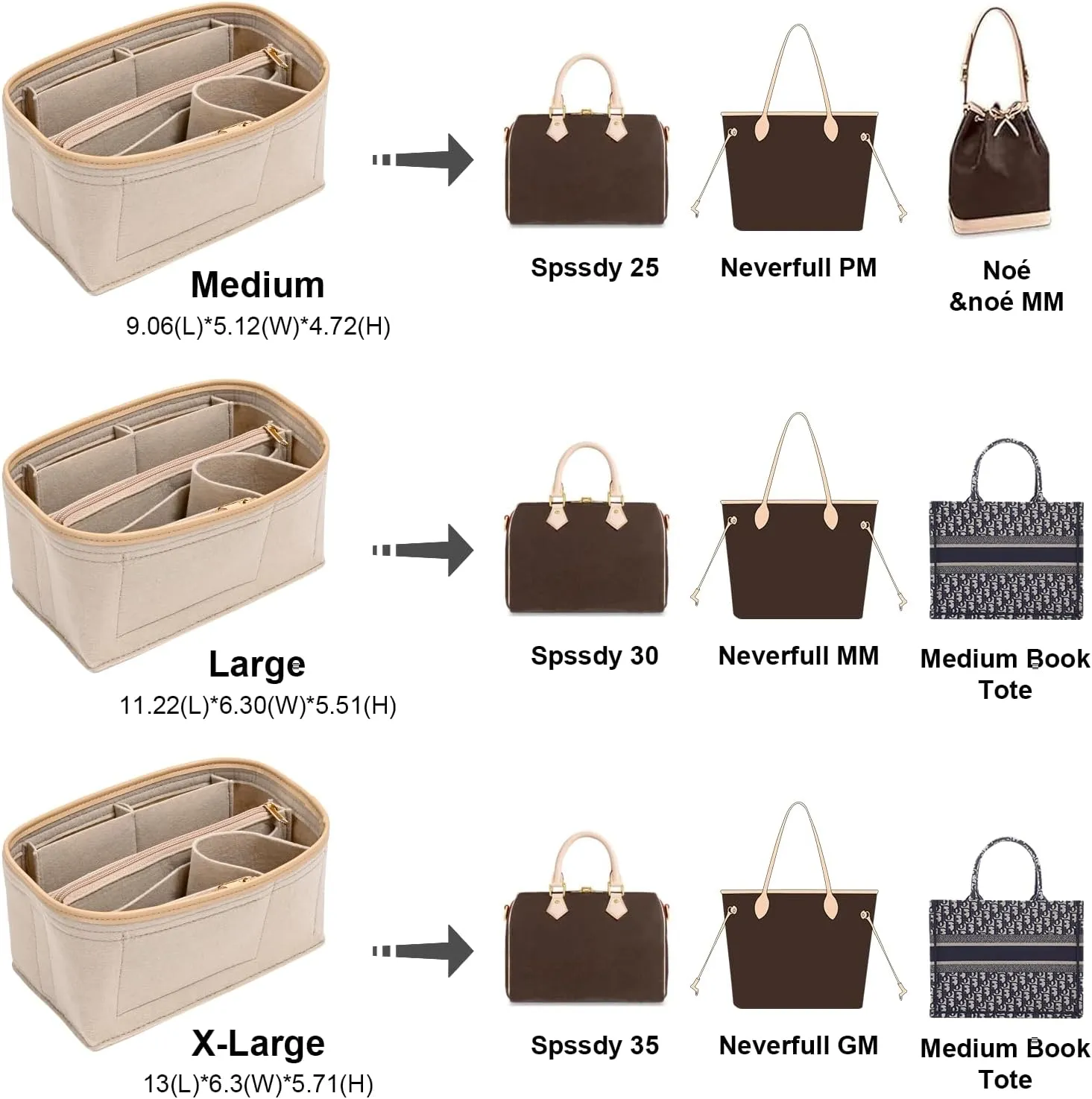 Upgraded Felt Purse Organizer Insert with Zipper Bag for Speedy 30 Neverful MM Handbag Insert (Beige, Large)