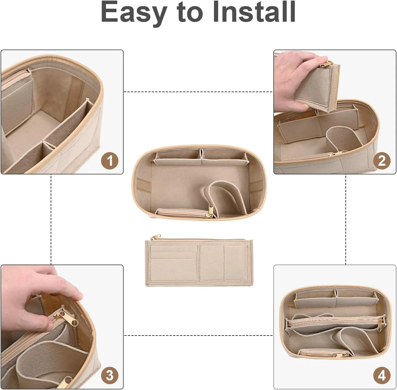 Upgraded Felt Purse Organizer Insert with Zipper Bag for Speedy 30 Neverful MM Handbag Insert (Beige, Large)