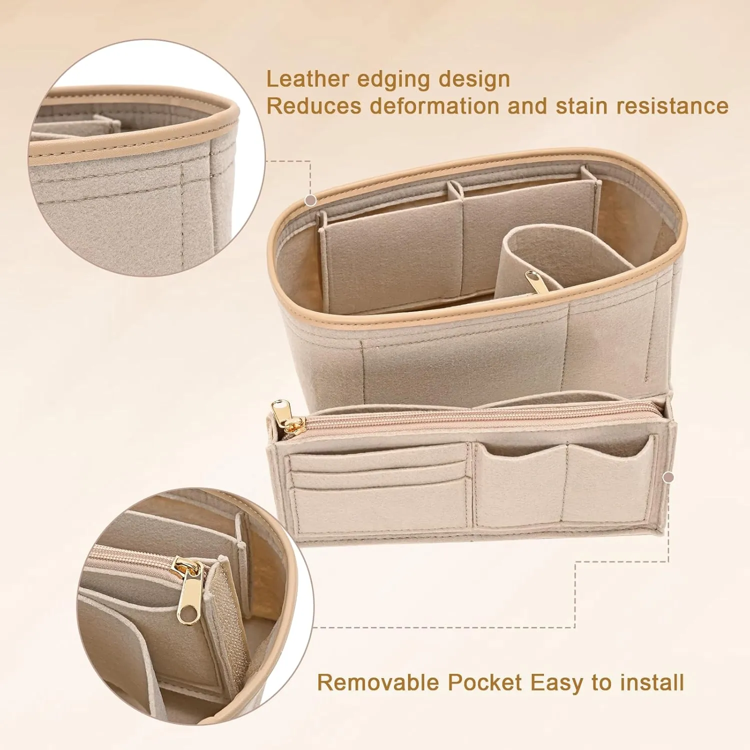 Upgraded Felt Purse Organizer Insert with Zipper Bag for Speedy 30 Neverful MM Handbag Insert (Beige, Large)