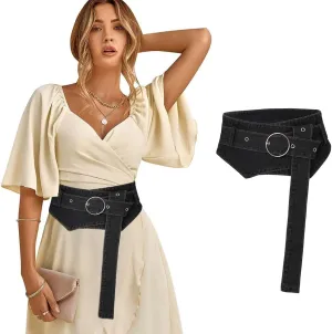 Urieo Retro Denim Corset Belt Black Buckle Wrap Waist Cinch Belts Wide Vintage Dress Dresses Waspie Belt Waistband for Women