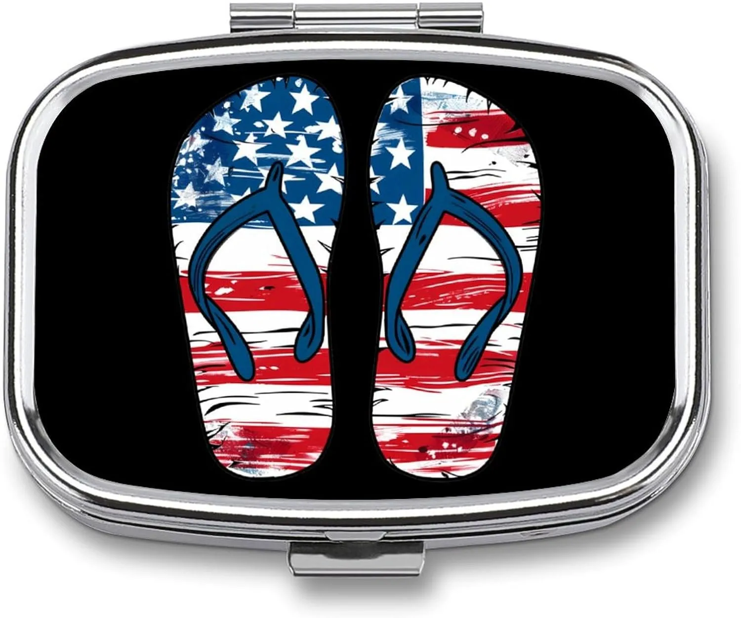 U.S Flag Flip Flops Travel Pill Organizer Portable Pill Box Metal Medical Pill Case Daily Pill Container for Pocket Purse
