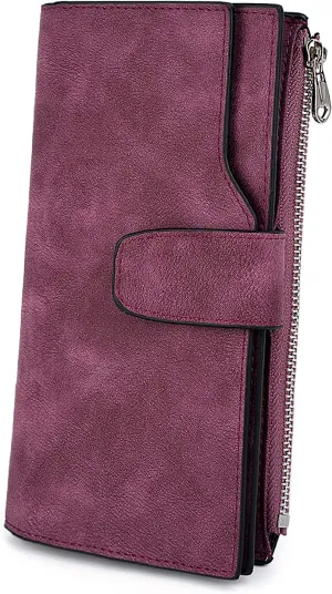 UTO RFID Wallet for Women PU Matte Leather Card Holder Organizer Zipper Coin Purse with Snap Closure Purple