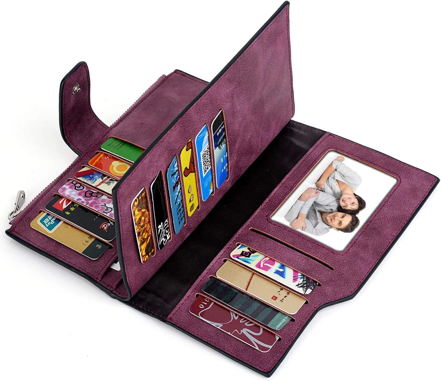 UTO RFID Wallet for Women PU Matte Leather Card Holder Organizer Zipper Coin Purse with Snap Closure Purple