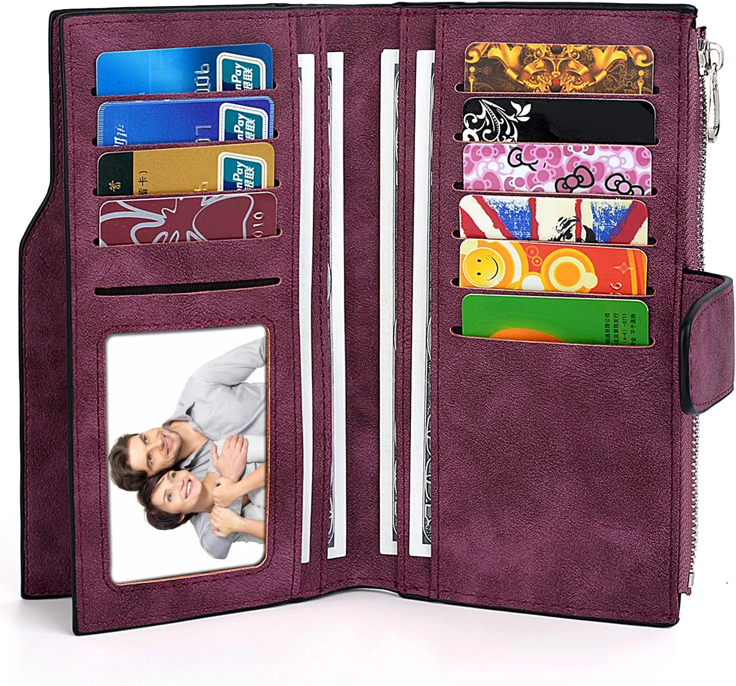 UTO RFID Wallet for Women PU Matte Leather Card Holder Organizer Zipper Coin Purse with Snap Closure Purple