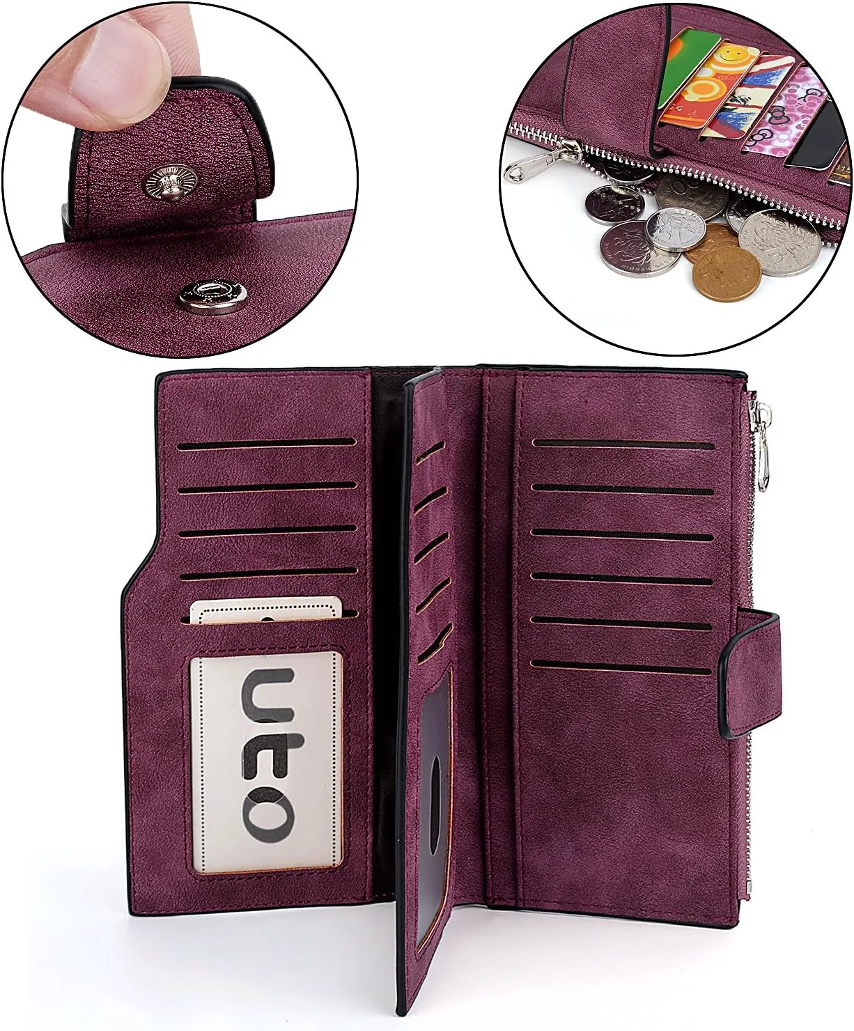 UTO RFID Wallet for Women PU Matte Leather Card Holder Organizer Zipper Coin Purse with Snap Closure Purple