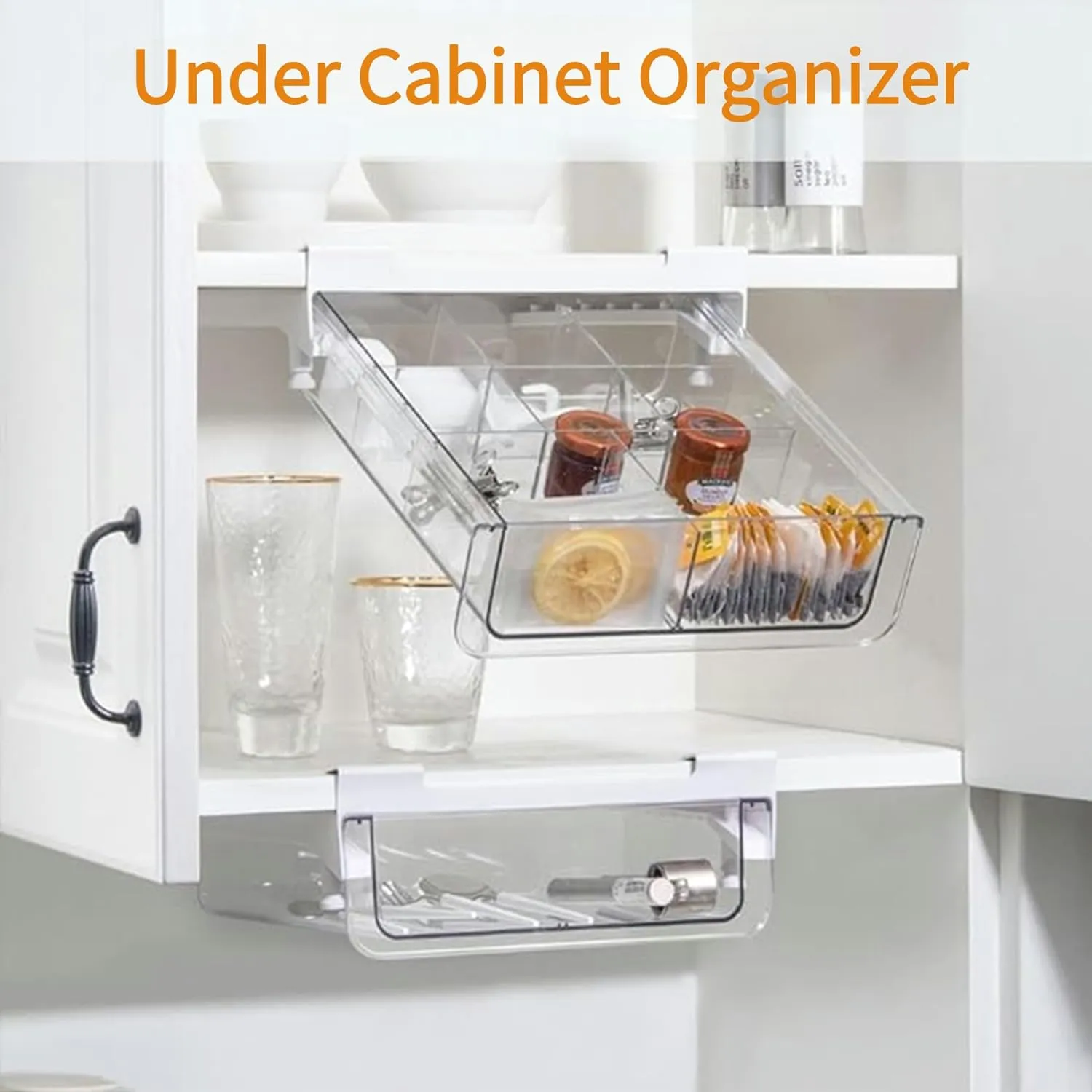 vacane Kitchen Organizer Drawer, Clear Under Shelf Drawer,Pantry Drawer Under Cabinet Shelf Hanging Storage, Pull Out Fridge Bins Organizer