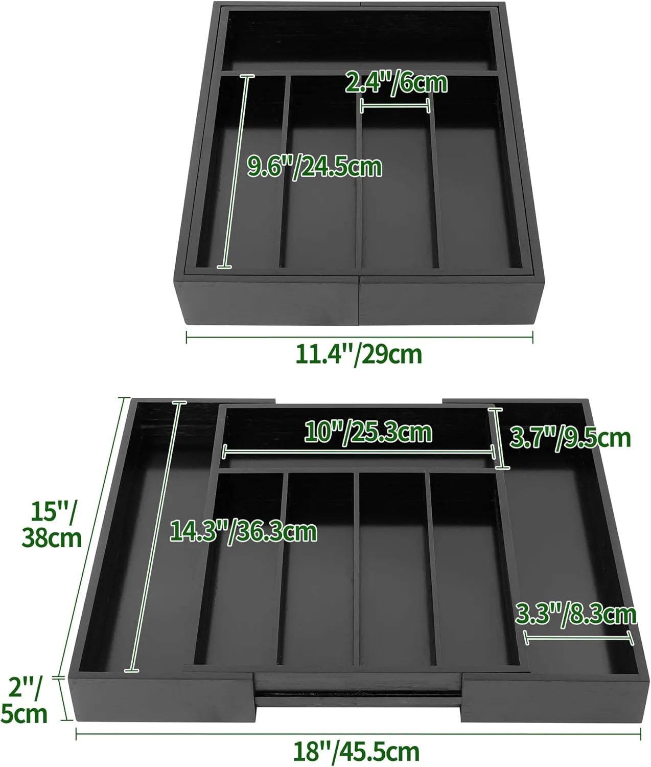 VaeFae Bamboo Drawer Organizer, Expandable Silverware Drawer Organizer, Cutlery Tray with Dividers for Kitchen Utensils (Black, Medium)