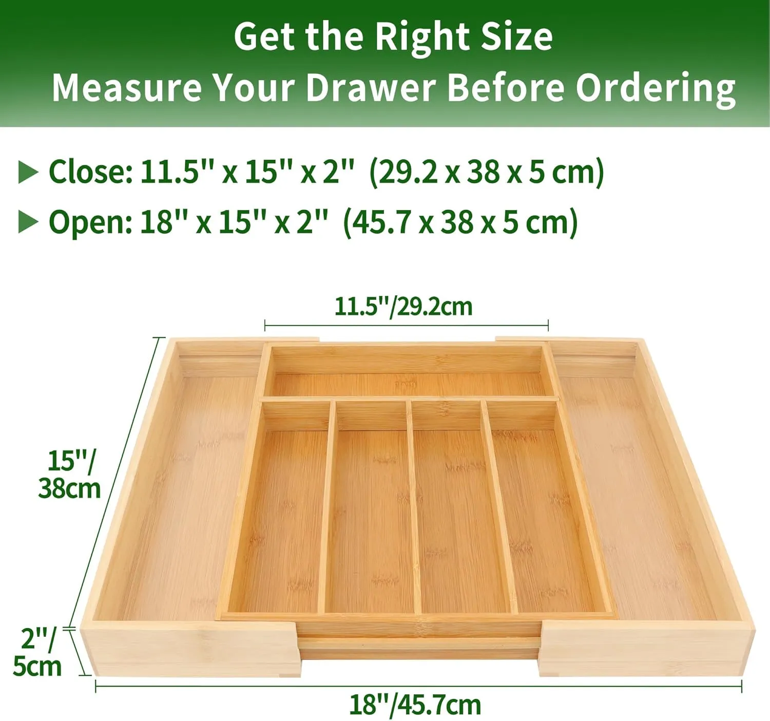 VaeFae Bamboo Drawer Organizer, Expandable Silverware Drawer Organizer, Cutlery Tray with Dividers for Kitchen Utensils, Medium