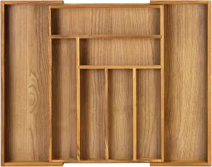 VaeFae Teak Drawer Organizer, Large Silverware Organizer, Expandable Utensil Organizer for Kitchen Drawer, Wooden Cutlery Tray Drawer Dividers Organizer
