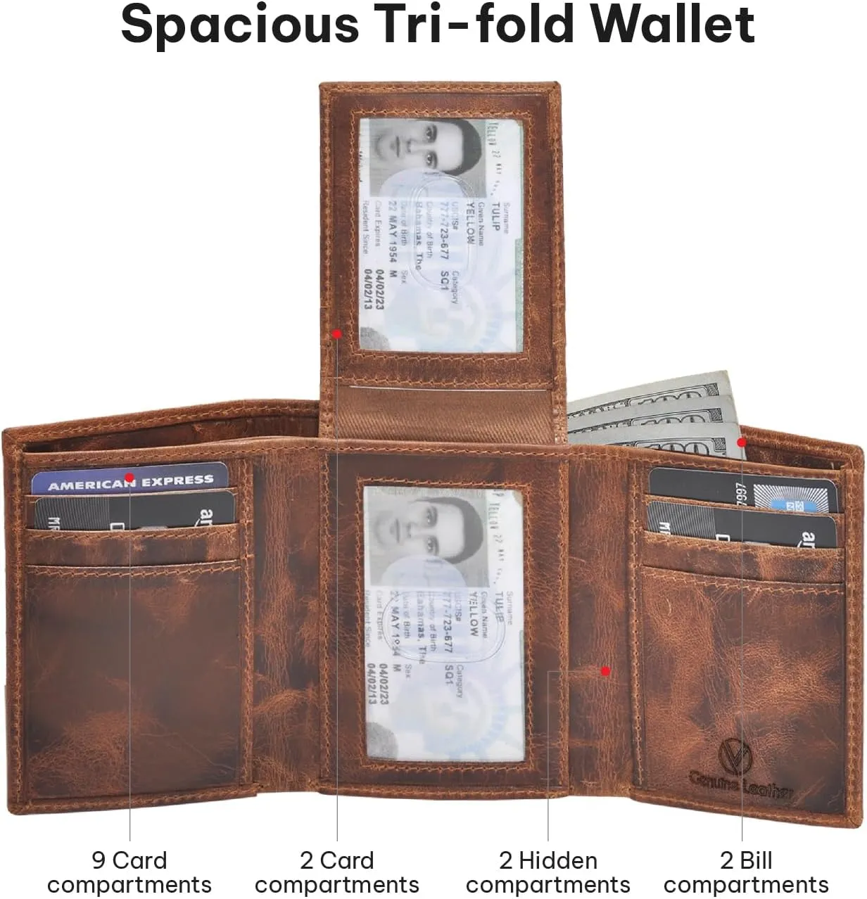 VALENCHI Leather Trifold Wallet For Men - RFID Blocking - 9 Card Slots, 2 Note Compartments & 1 ID Window - Minimalist Design, Slim Wallet - Premium, Fashionable Accessory Gifts for Men, Him