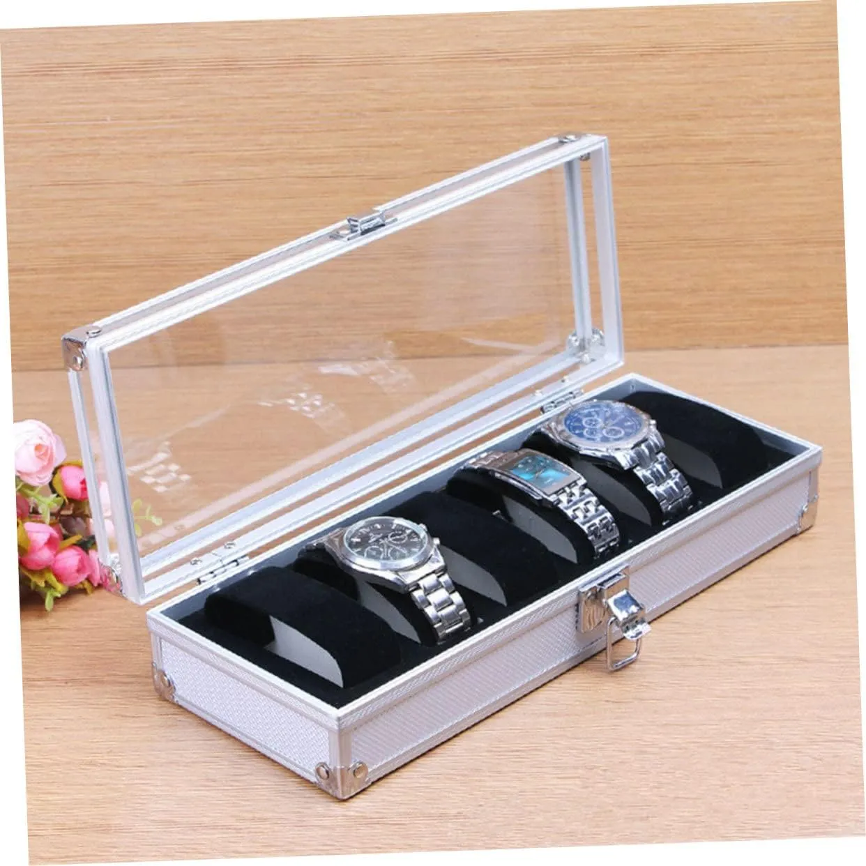 VALICLUD 2pcs Slots Aluminium Alloy Watch Organizer Case Transparent Window Portable Display Box for Jewelry Storage for Home and Jewelry Store Use
