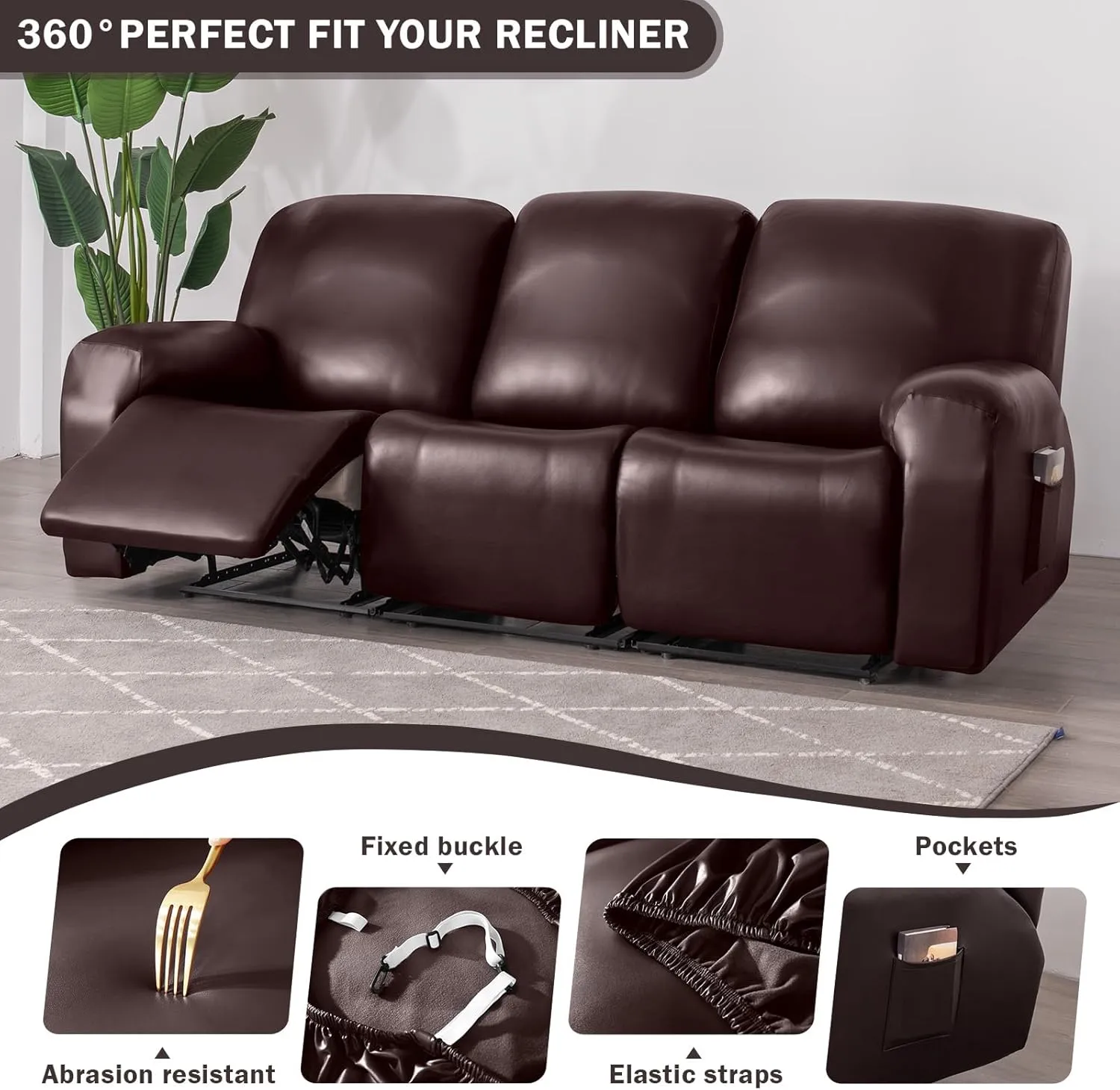 vctops 8 Pieces Waterproof Faux PU Leather Recliner Sofa Covers Stretch Soft 3 Seats Couch Cover Anti-Slip Sofa Slipcover Furniture Protector with Elastic Bottom for Kids Pet(Dark Coffee,3 Seat)