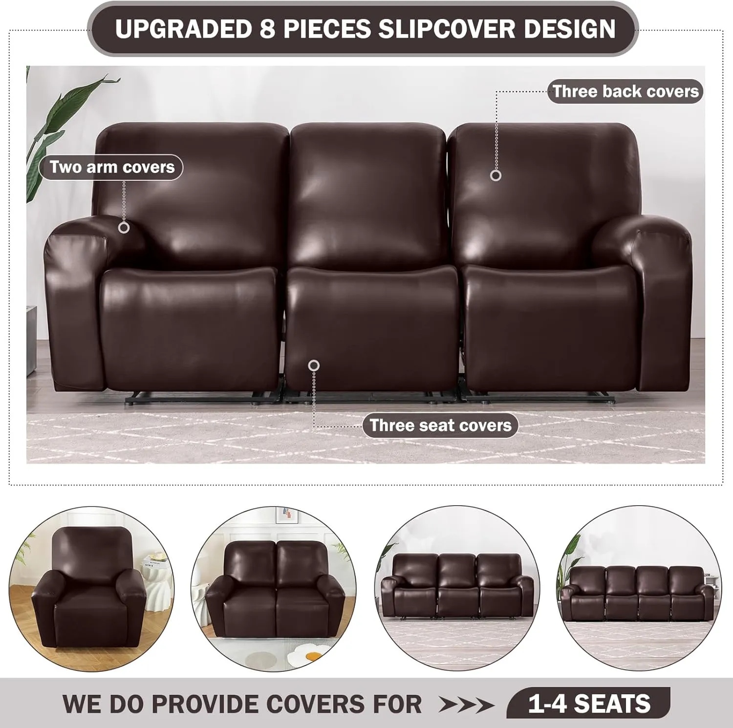 vctops 8 Pieces Waterproof Faux PU Leather Recliner Sofa Covers Stretch Soft 3 Seats Couch Cover Anti-Slip Sofa Slipcover Furniture Protector with Elastic Bottom for Kids Pet(Dark Coffee,3 Seat)