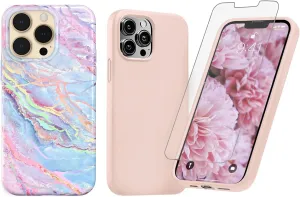 VELVET CAVIAR Holo Blue Marble Case   Pink Silicone Case   Screen Protector for iPhone 12 / iPhone 12 Pro (Bundle)