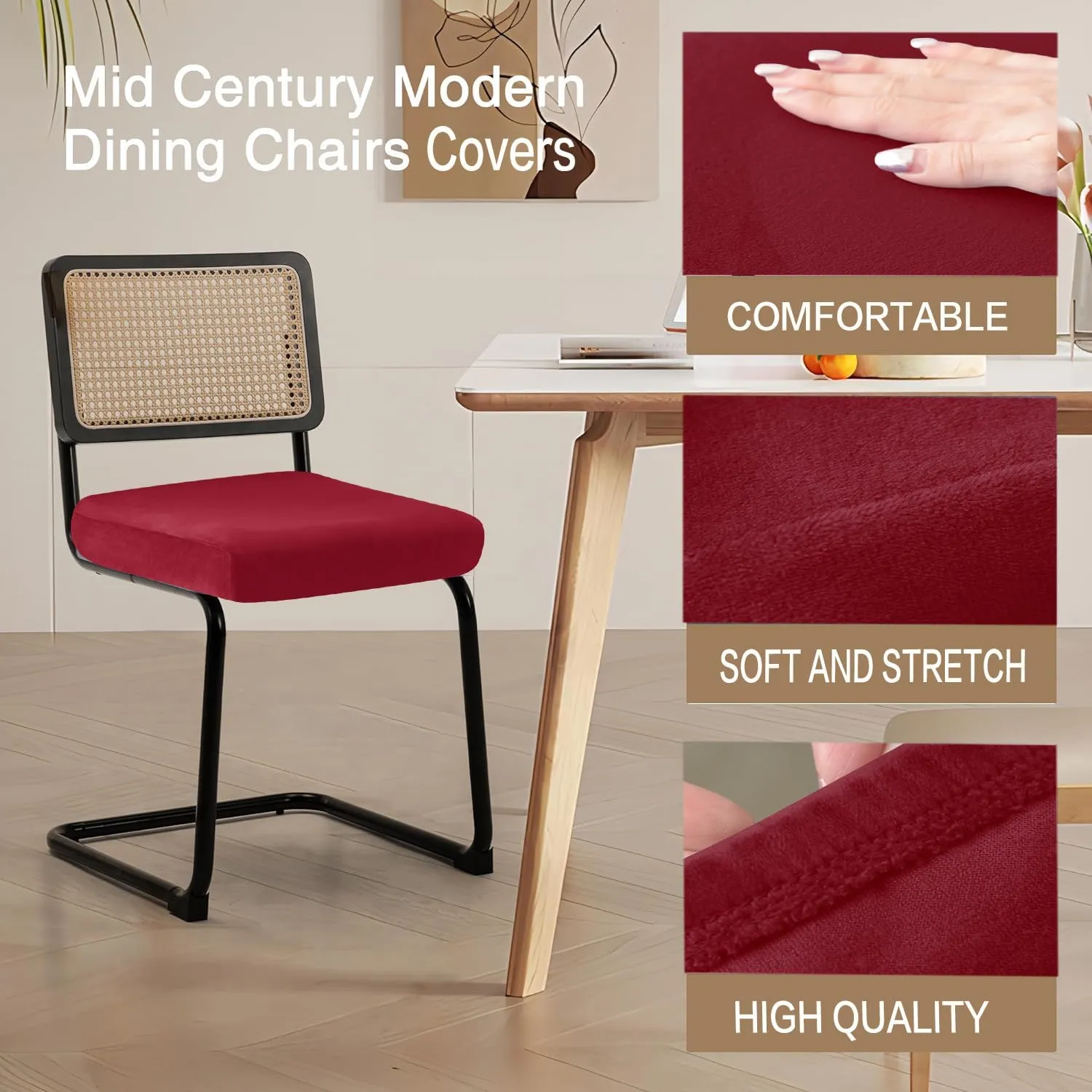 Velvet Chair Seat Covers for Mid Century Modern Dining Chairs, Armless Accent Chairs Seat Slipcovers Pack of 4 (Burgandy)