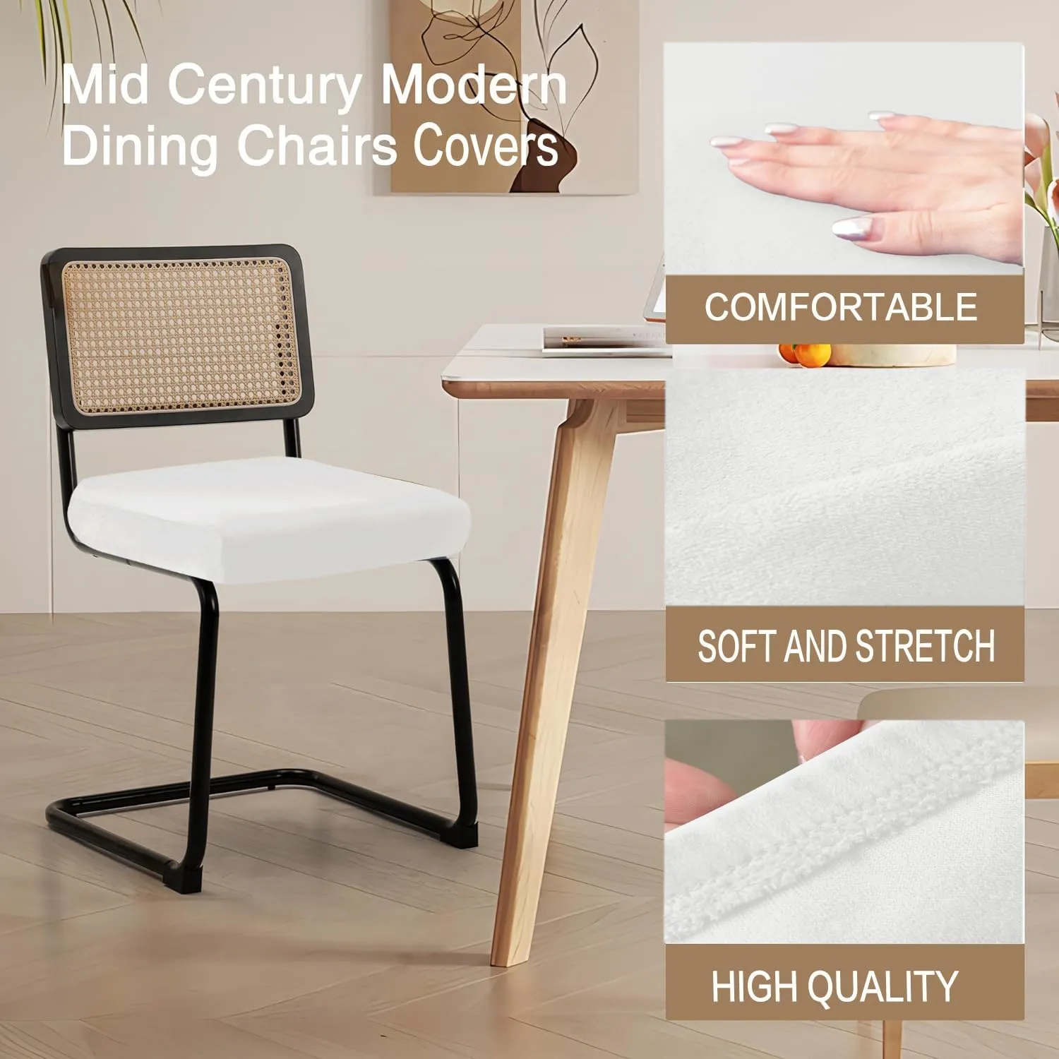Velvet Chair Seat Covers for Mid Century Modern Dining Chairs, Armless Accent Chairs Seat Slipcovers Pack of 4 (Off White)