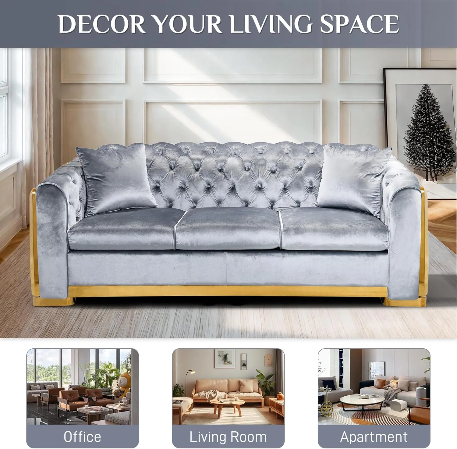 Velvet Chesterfield Sofa for Living Room, 81" Modern Luxury Curved 3 Seater Couch Comfy Vintage Loveseat Couches with Tufted Back Gold Legs for Bedroom, Gray