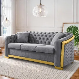 Velvet Chesterfield Sofa for Living Room, 81" Modern Luxury Curved 3 Seater Couch Comfy Vintage Loveseat Couches with Tufted Back Gold Legs for Bedroom, Gray
