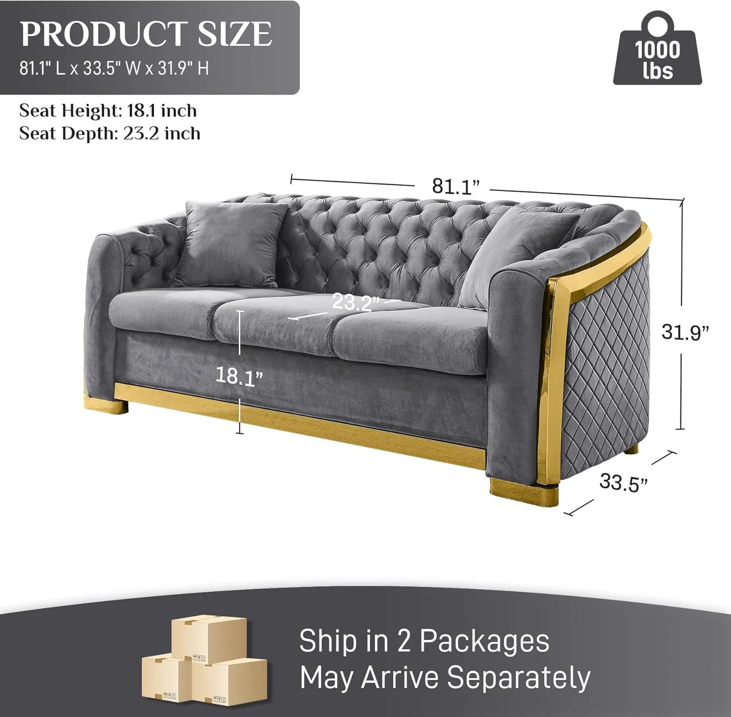 Velvet Chesterfield Sofa for Living Room, 81" Modern Luxury Curved 3 Seater Couch Comfy Vintage Loveseat Couches with Tufted Back Gold Legs for Bedroom, Gray