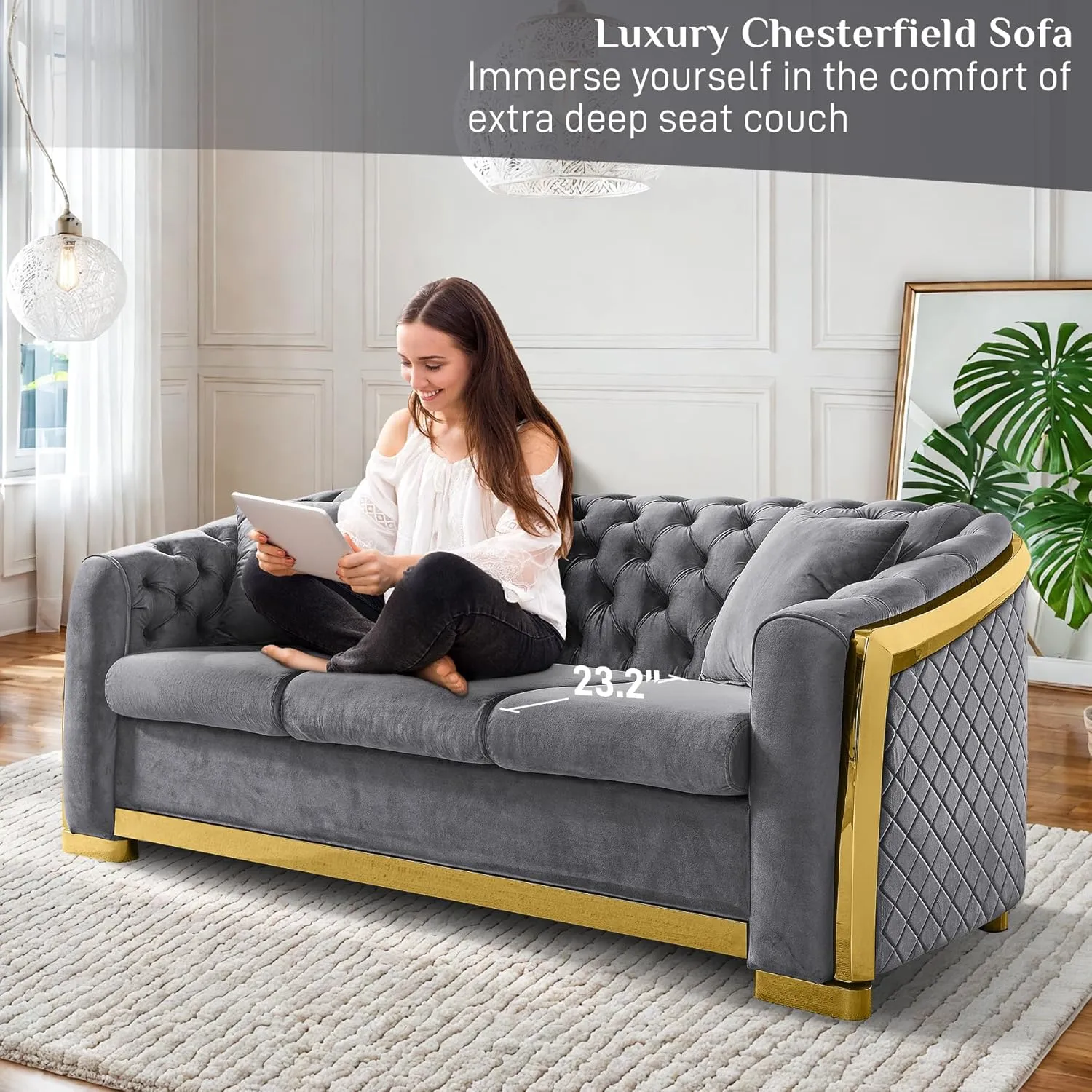 Velvet Chesterfield Sofa for Living Room, 81" Modern Luxury Curved 3 Seater Couch Comfy Vintage Loveseat Couches with Tufted Back Gold Legs for Bedroom, Gray