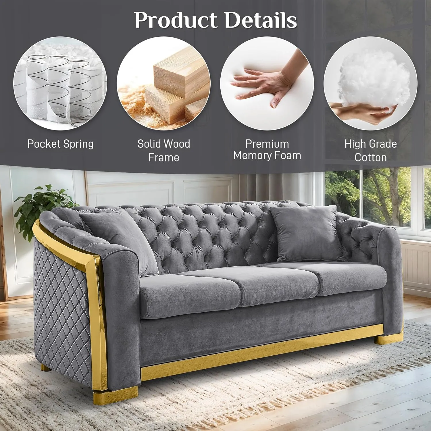Velvet Chesterfield Sofa for Living Room, 81" Modern Luxury Curved 3 Seater Couch Comfy Vintage Loveseat Couches with Tufted Back Gold Legs for Bedroom, Gray
