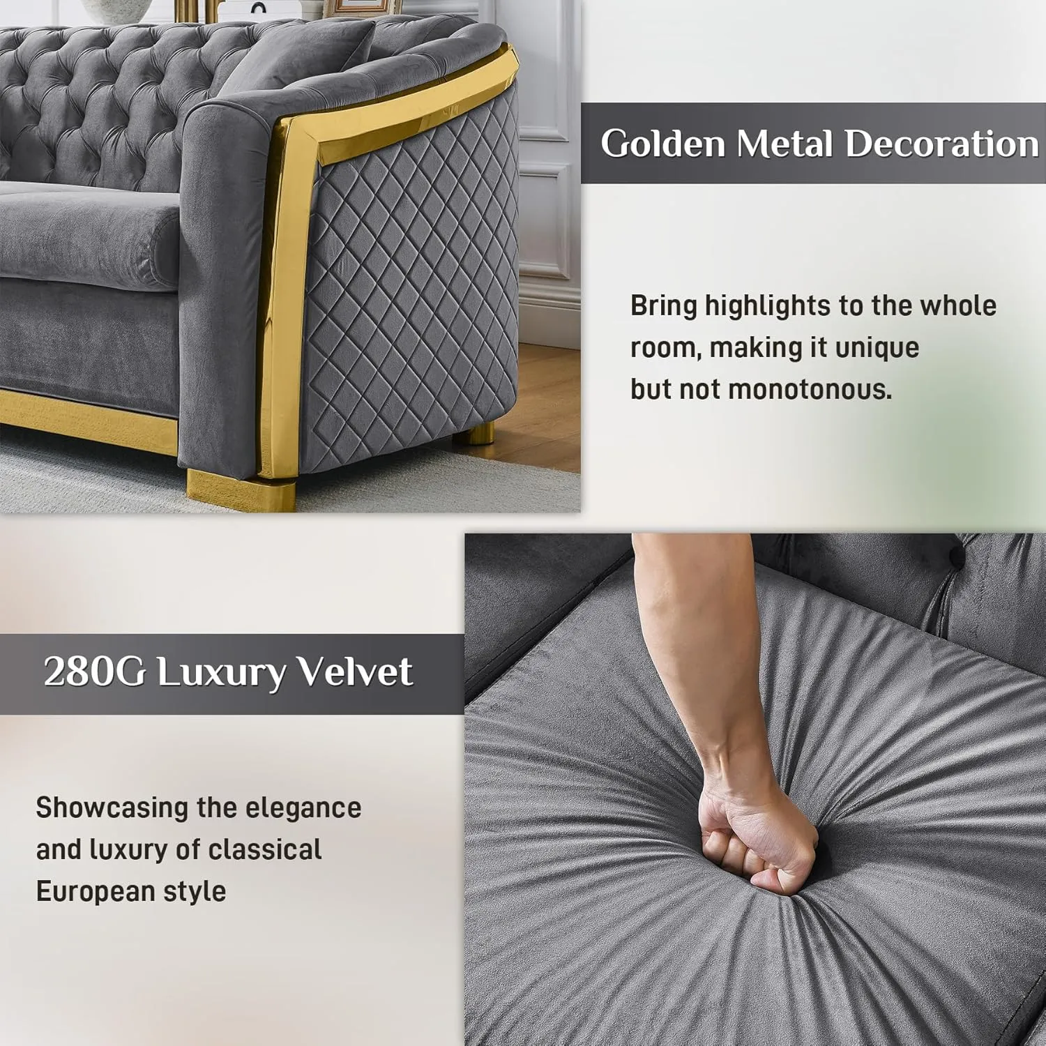 Velvet Chesterfield Sofa for Living Room, 81" Modern Luxury Curved 3 Seater Couch Comfy Vintage Loveseat Couches with Tufted Back Gold Legs for Bedroom, Gray