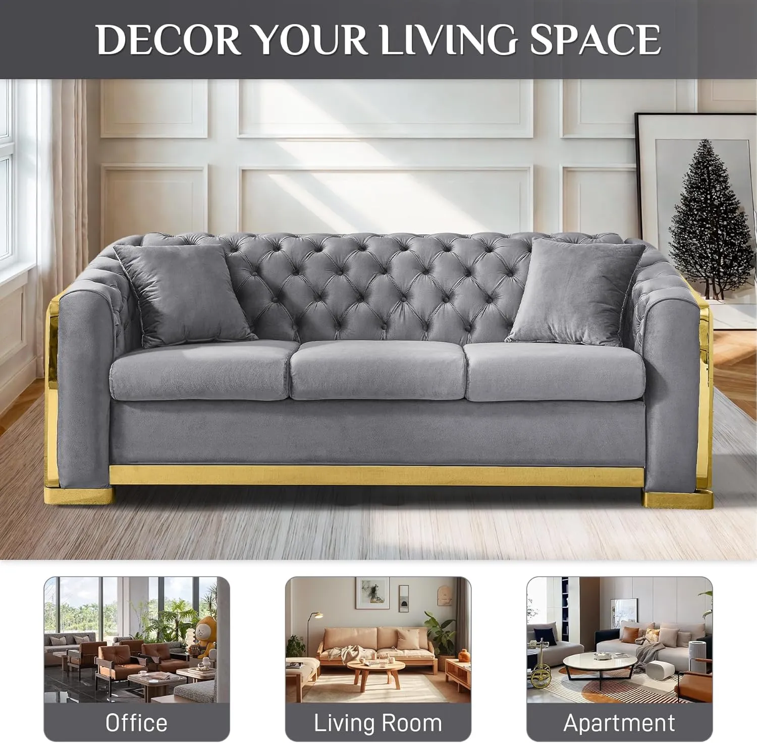 Velvet Chesterfield Sofa for Living Room, 81" Modern Luxury Curved 3 Seater Couch Comfy Vintage Loveseat Couches with Tufted Back Gold Legs for Bedroom, Gray