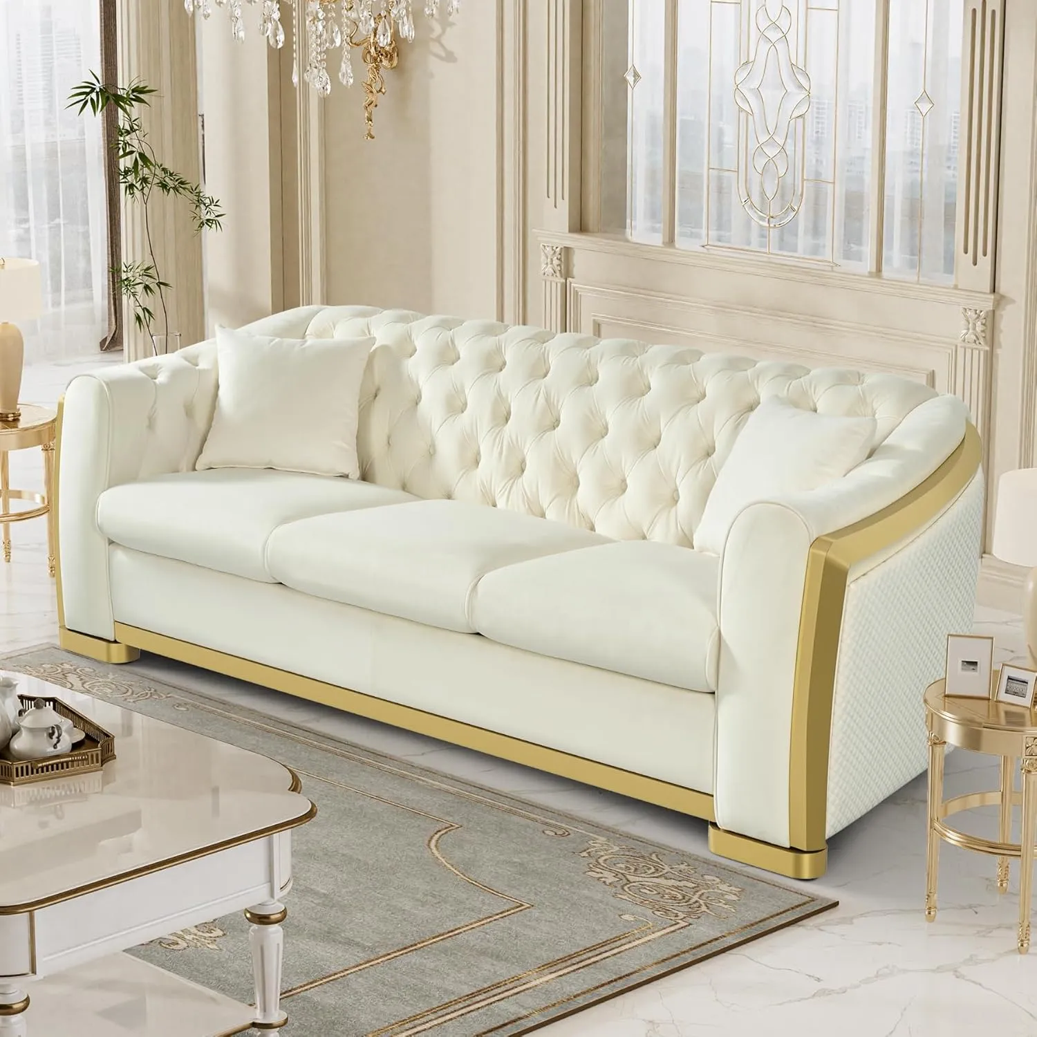 Velvet Chesterfield Sofa for Living Room, Modern Curved Luxury 3 Seater Couch Comfy Victorian Couches with Tufted Back Gold Stainless Legs for Apartment, Cream White