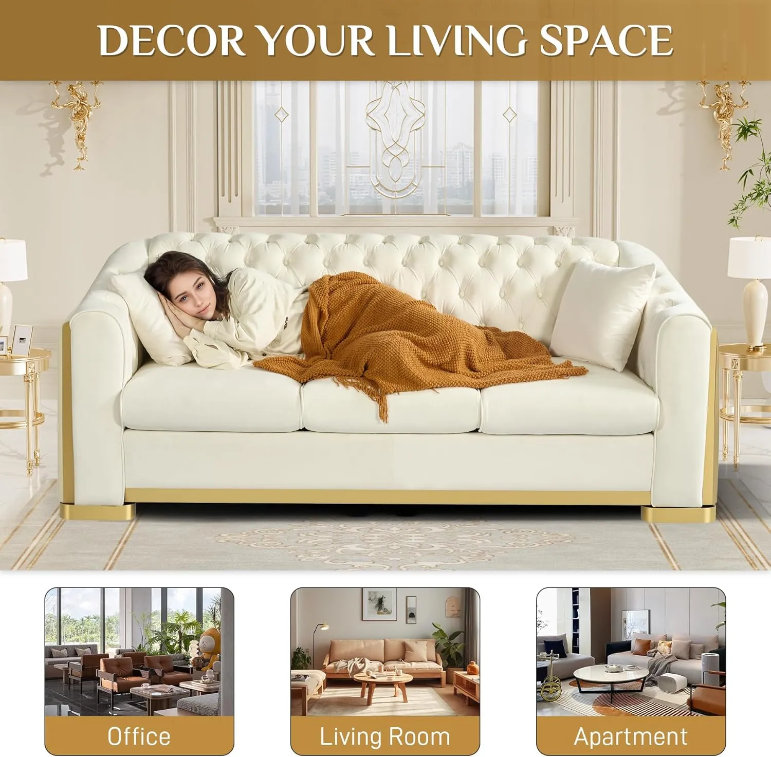 Velvet Chesterfield Sofa for Living Room, Modern Curved Luxury 3 Seater Couch Comfy Victorian Couches with Tufted Back Gold Stainless Legs for Apartment, Cream White