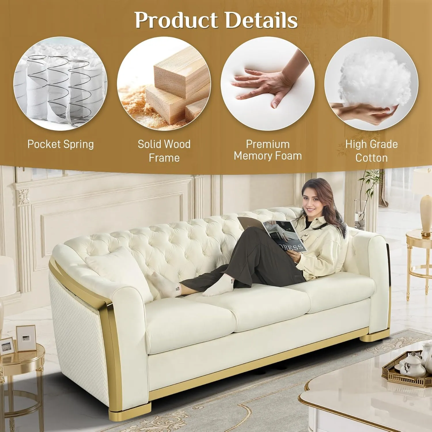 Velvet Chesterfield Sofa for Living Room, Modern Curved Luxury 3 Seater Couch Comfy Victorian Couches with Tufted Back Gold Stainless Legs for Apartment, Cream White
