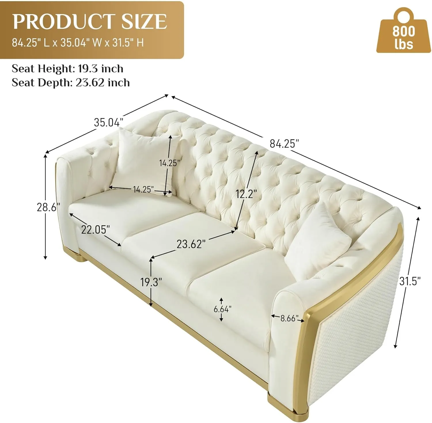 Velvet Chesterfield Sofa for Living Room, Modern Curved Luxury 3 Seater Couch Comfy Victorian Couches with Tufted Back Gold Stainless Legs for Apartment, Cream White