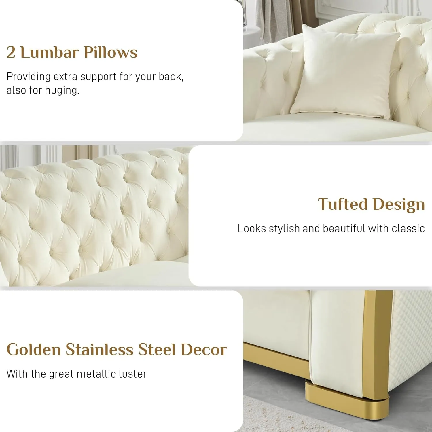Velvet Chesterfield Sofa for Living Room, Modern Curved Luxury 3 Seater Couch Comfy Victorian Couches with Tufted Back Gold Stainless Legs for Apartment, Cream White
