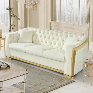 Velvet Chesterfield Sofa for Living Room, Modern Curved Luxury 3 Seater Couch Comfy Victorian Couches with Tufted Back Gold Stainless Legs for Apartment, Cream White