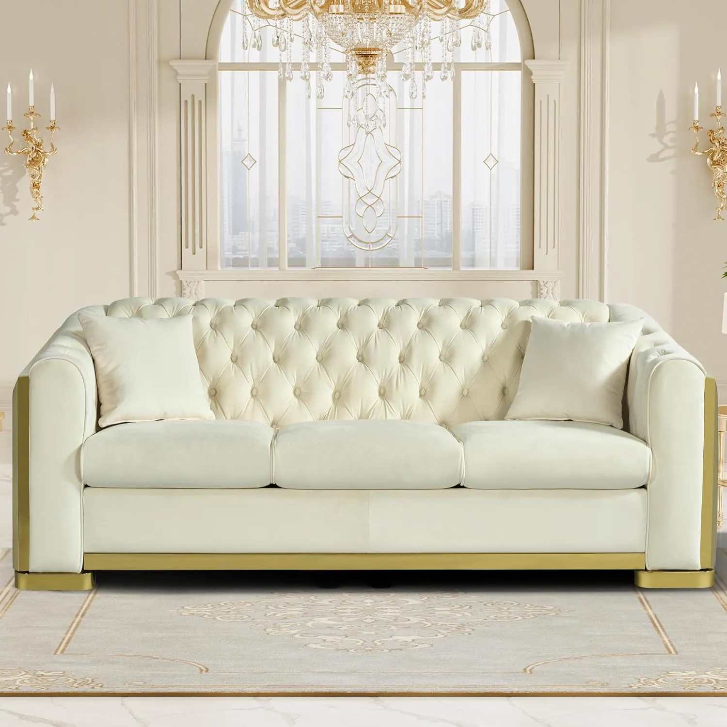 Velvet Chesterfield Sofa for Living Room, Modern Curved Luxury 3 Seater Couch Comfy Victorian Couches with Tufted Back Gold Stainless Legs for Apartment, Cream White