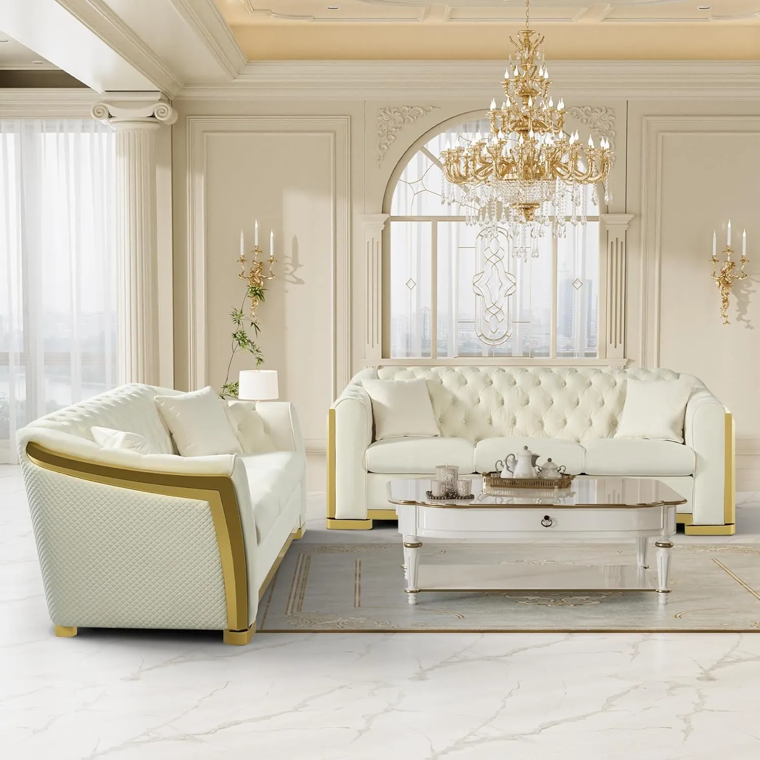 Velvet Chesterfield Sofa for Living Room, Modern Curved Luxury 3 Seater Couch Comfy Victorian Couches with Tufted Back Gold Stainless Legs for Apartment, Cream White