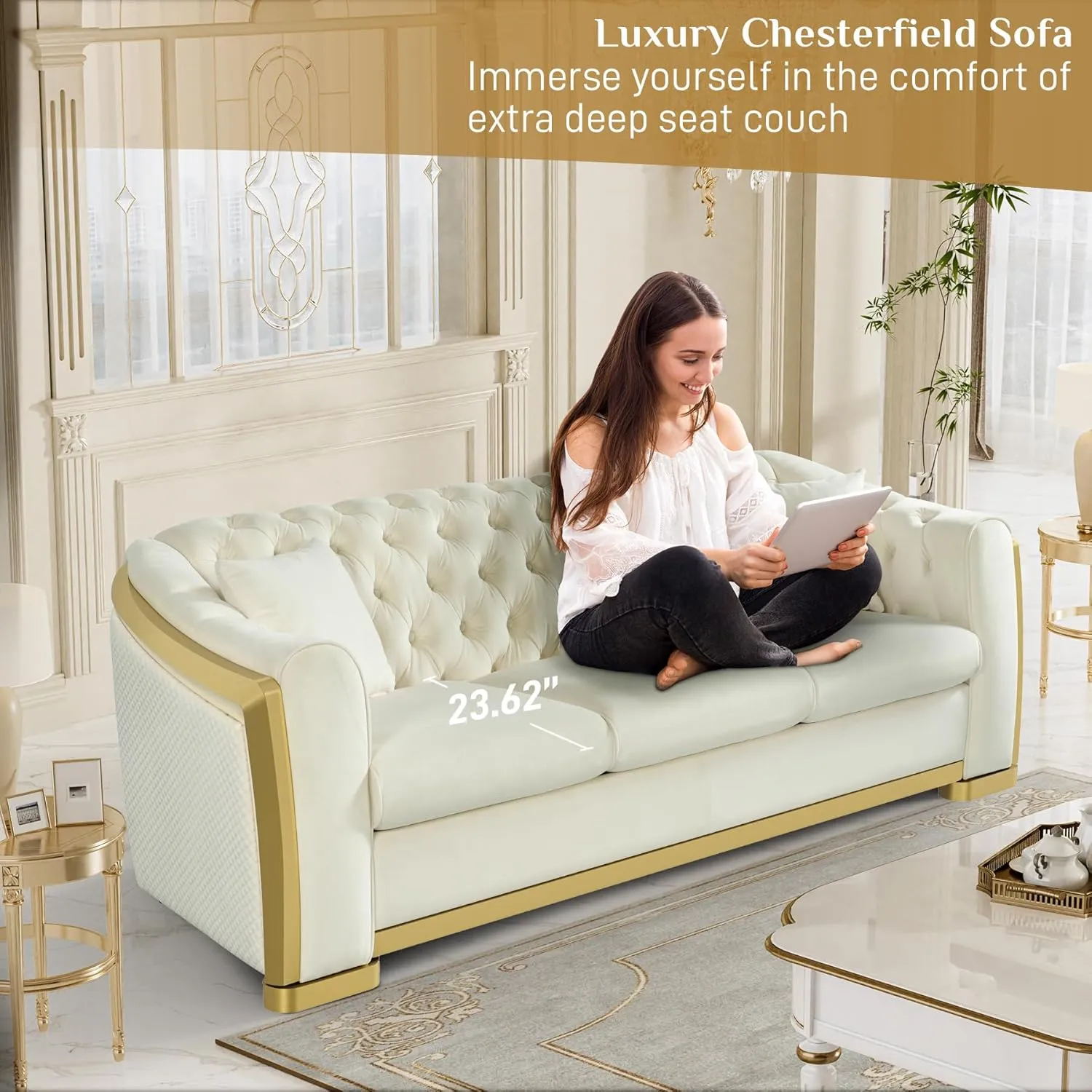 Velvet Chesterfield Sofa for Living Room, Modern Curved Luxury 3 Seater Couch Comfy Victorian Couches with Tufted Back Gold Stainless Legs for Apartment, Cream White