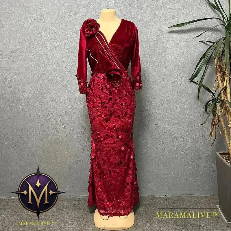 Velvet Long Luxury Evening Dresses For Women Fashion Autumn Winter V Neck Sexy Bodycon Sequins Party Dress