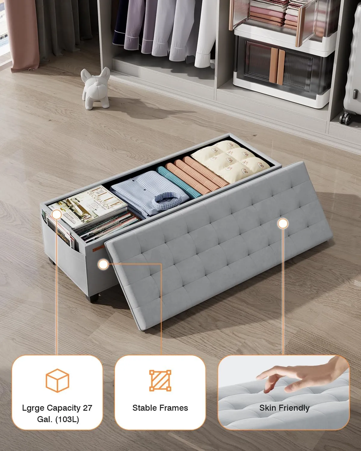 Velvet Storage Ottoman Bench, End of Bed Bench with Legs, Large Entryway Bench, Foot Rest Stool, Tea Table for Bedroom, Living Room, Loads 770 lb, 15.7"L x 43"W x 15.7"H, Dove Gray, UASND62G