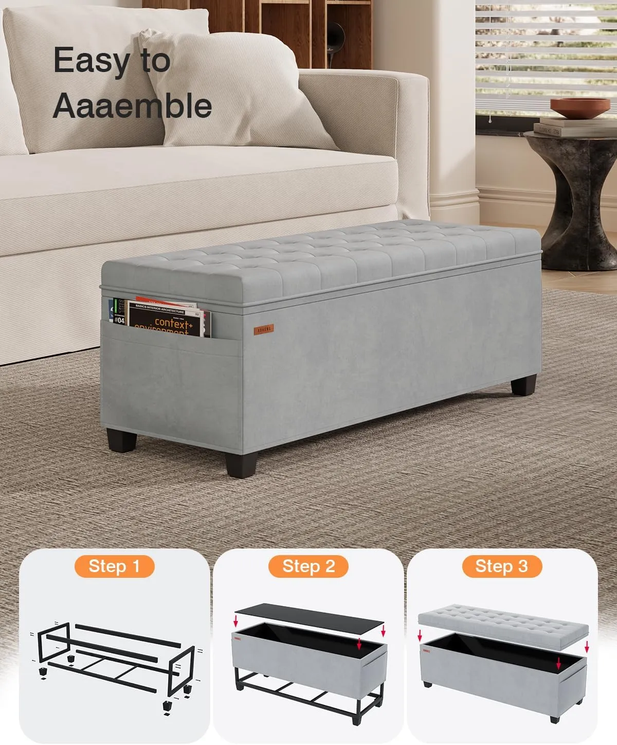 Velvet Storage Ottoman Bench, End of Bed Bench with Legs, Large Entryway Bench, Foot Rest Stool, Tea Table for Bedroom, Living Room, Loads 770 lb, 15.7"L x 43"W x 15.7"H, Dove Gray, UASND62G