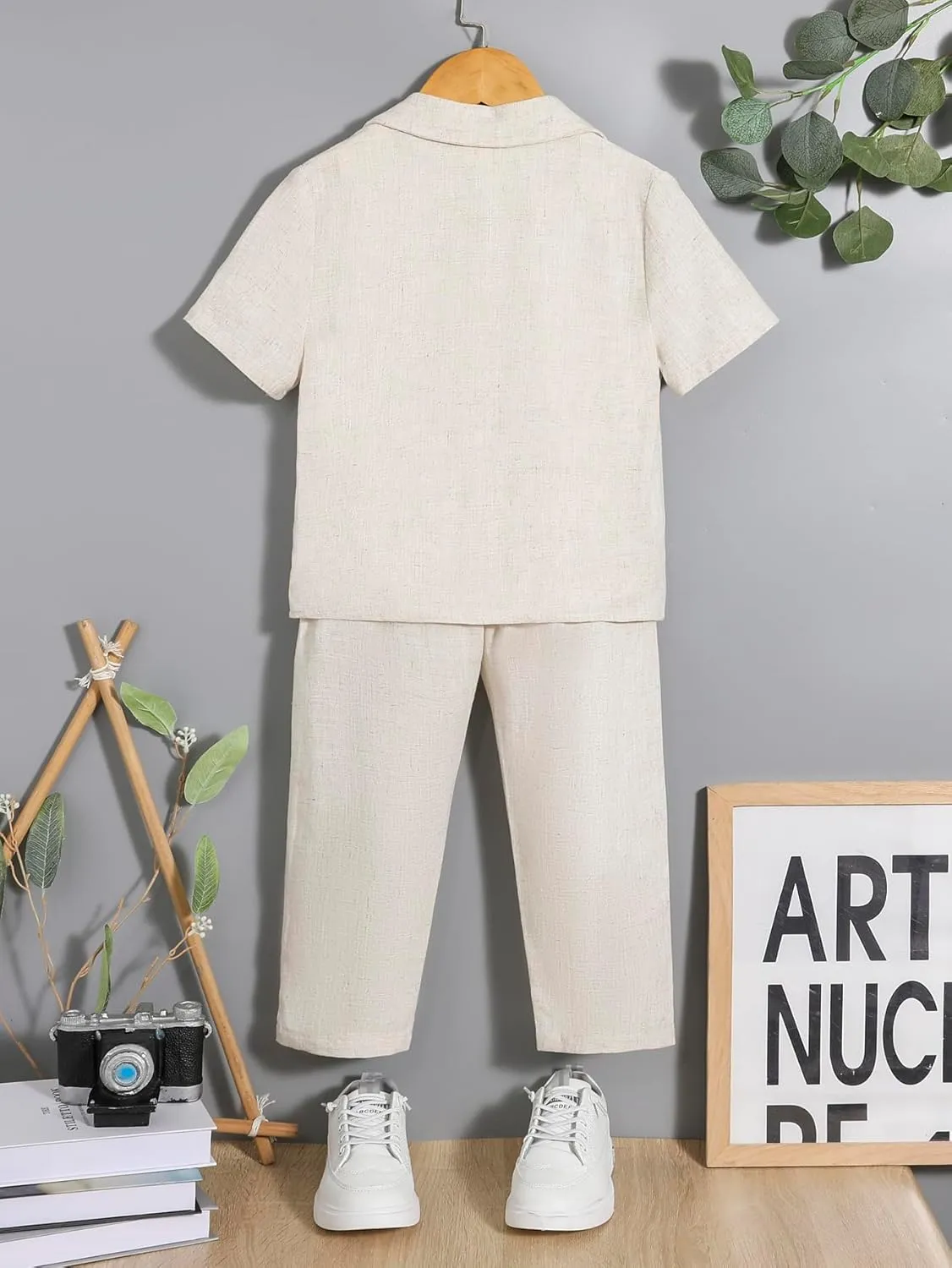 Verdusa Boy's 2 Piece Outfits Linen Set Button Up Matching Set Short Sleeve Shirt and Drawstring Waist Vacation Pants Set