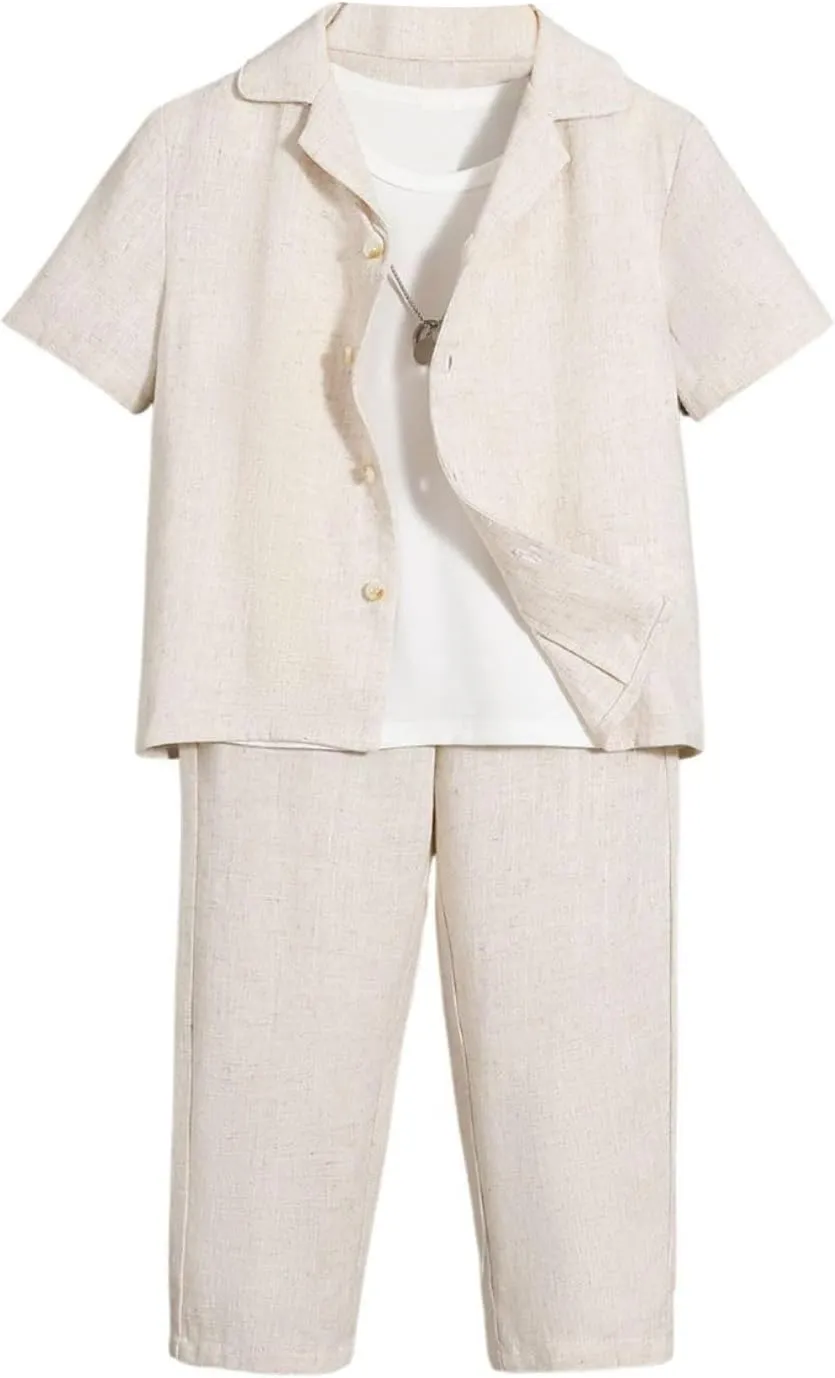 Verdusa Boy's 2 Piece Outfits Linen Set Button Up Matching Set Short Sleeve Shirt and Drawstring Waist Vacation Pants Set